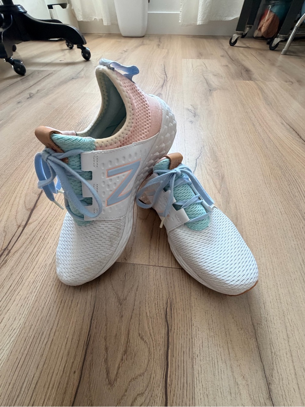 New Balance White Sneakers with Pastel Blue, Mint, and Peach Accents